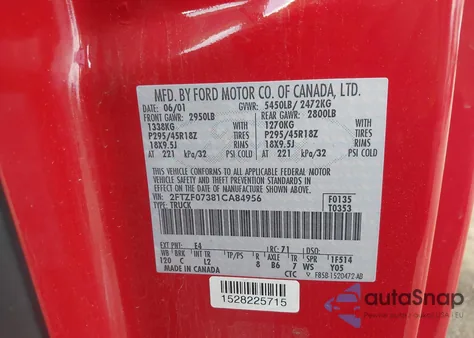 2001 Ford F-150 Svt Lightning from USA, damaged, VIN 2FTZF07381CA84956